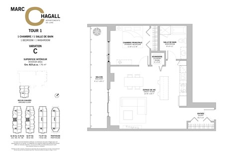 A floor plan for a one bedroom, one bathroom apartment at Marc Chagall Apartments in Côte Saint-Luc.